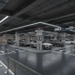 Tips Memilih Pencahayaan Area Parkir agar Aman dan Efisien Ilustrasi area parkir gedung pada malam hari