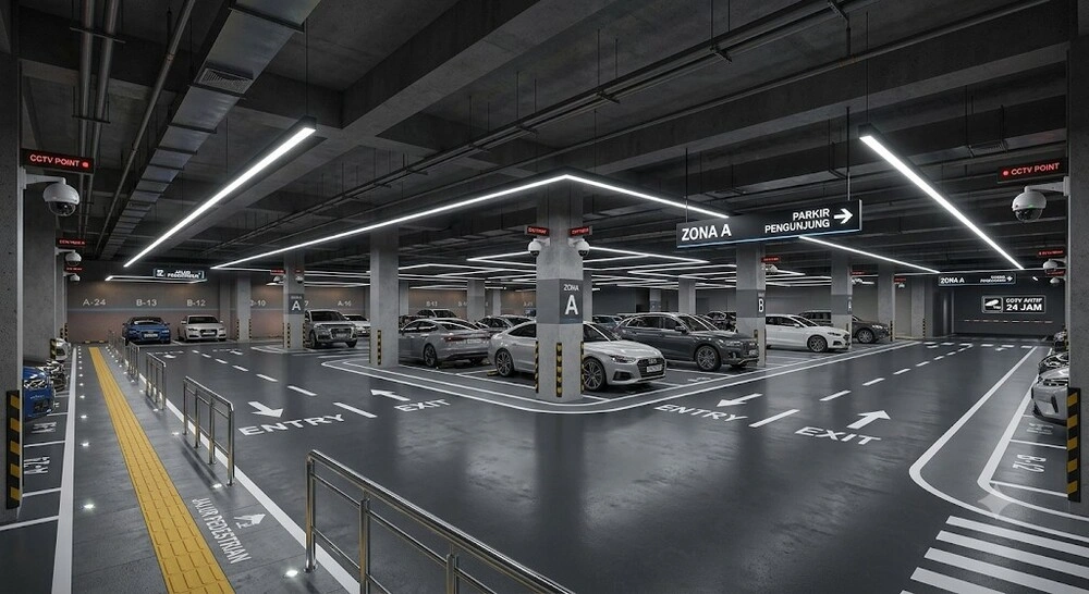 Ilustrasi Area Parkir Gedung Pada Malam Hari