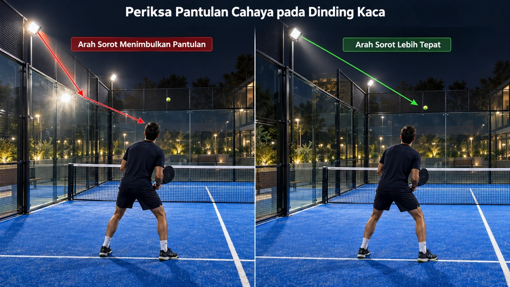 Cara Memilih Lampu untuk Lapangan Padel agar Terang Merata dan Tidak Menyilaukan 4 Cek Pantulan Cahaya Di Lapangan