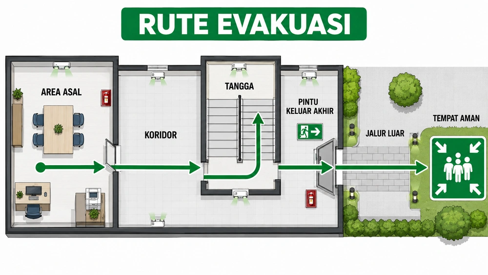 Checklist Penempatan Lampu Darurat dan Exit Sign di Jalur Evakuasi Gedung 3 Rute Evakuasi